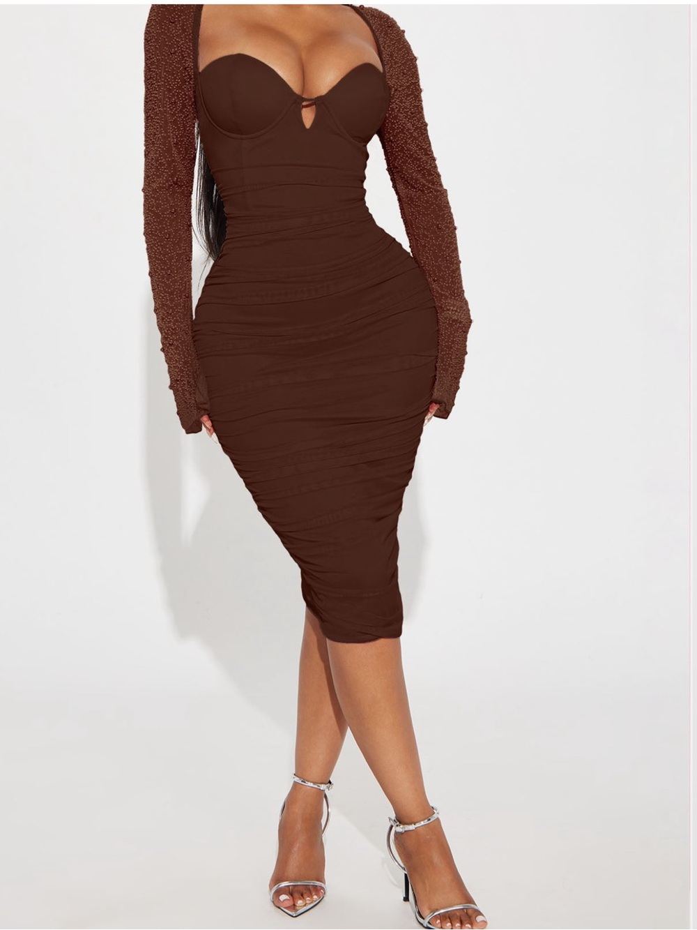 Fashion Nova Long Sleeve Beaded Midi Dress